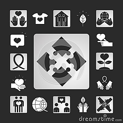 Community together charity donation and love silhouette icons set black bacground Vector Illustration