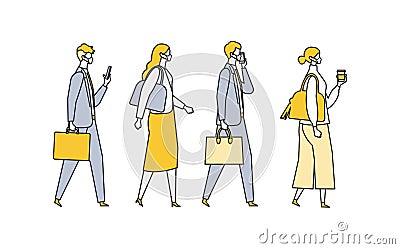 Commute of working businessmen in the new normal lifestyles. Flat design vector illustration of masked business people Vector Illustration