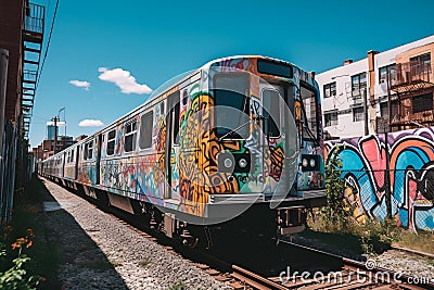 A commuter train passing by a colorful graffiti-covered wall in an urban neighborhood. Stock Photo