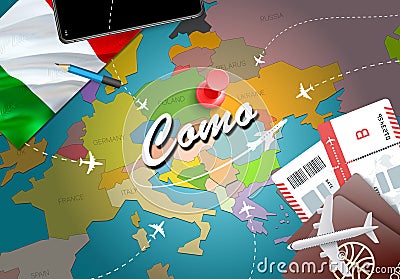 Como city travel and tourism destination concept. Italy flag and Stock Photo