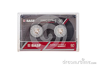 Compact audio cassette BASF isolated. Back view compact audio cassette BASF FERRO EXTRA 90 in transparent case box. Position IEC t Editorial Stock Photo