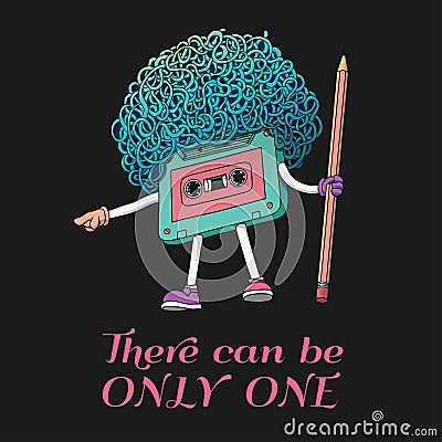 Compact Cassette Tape Character with Pencil. Super Afro Haircut Style. Mixtape Illustration. There Can be Only One. Pop Music 80s Vector Illustration