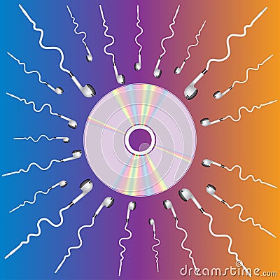 Compact Disc surrounded headphones aspiring to it. Vector Illustration