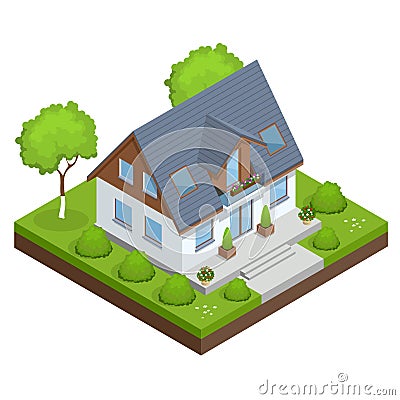 A compact eco house, with solar panels on roof, with an attic Vector Illustration