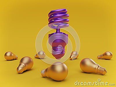 Compact fluorescent lightbulb standing among many incandescent bulbs. 3d rendering Stock Photo