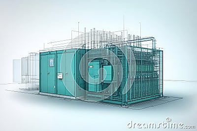 Compact modular data center enclosed in a high tech structure with advanced cooling systems and power management solutions for Cartoon Illustration
