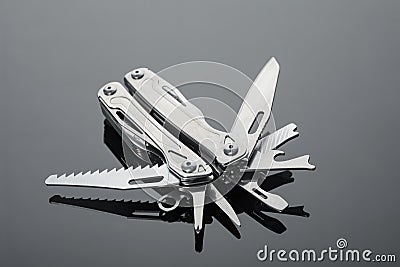 Compact portable metallic multitool on table, closeup Stock Photo