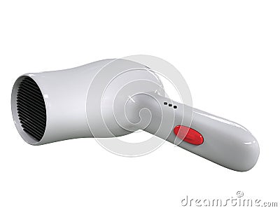 Compact white hairdryer with big red button Stock Photo