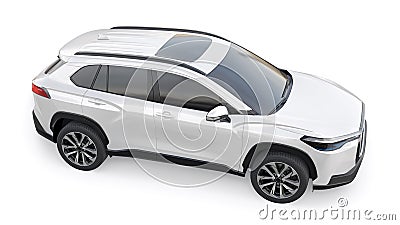 Compact white SUV with a hybrid engine and four-wheel drive for the city and suburban areas on a white isolated Cartoon Illustration