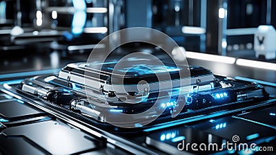 A compact workstation where autonomous robots collaborate each equipped with advanced sensors and cameras for enhanced Stock Photo