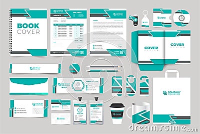 Company brand identity and promotional template collection with aqua color. Business letterhead, invoice, and envelope design for Vector Illustration