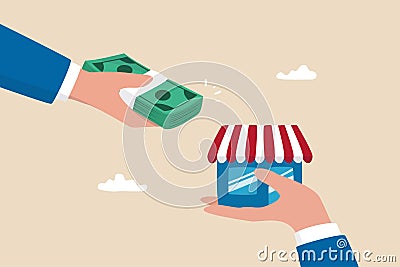 Company buyout, acquisition agreement or take over, selling company offer or merger, franchise business concept, businessman offer Vector Illustration
