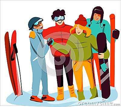 A company of cheerful skiers and snowboarders, laughter is a joyful active rest. Vector colorfull illustration. Cartoon Illustration