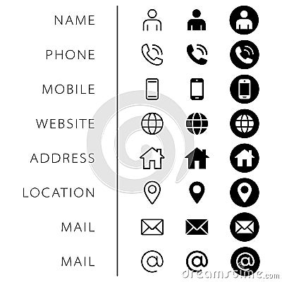 Company Connection business card icon set. Phone, name, website, address, location and mail logo symbol sign pack. Vector Illustration