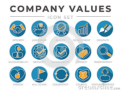 Company Core Values Round Flat Icon Set. Integrity, Leadership, Quality and Development, Creativity, Accountability, Simplicity, Vector Illustration