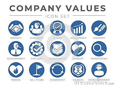 Company Core Values Round Web Icon Set. Integrity, Leadership, Quality and Development, Creativity, Accountability, Simplicity, Vector Illustration