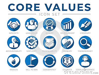 Company Core Values Round Web Icon Set. Integrity, Leadership, Quality and Development, Creativity, Accountability, Simplicity, Vector Illustration