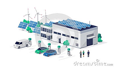 Company electric cars fleet charging on charger stations at logistic centre Vector Illustration