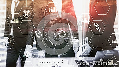 Company employees discuss business project. Double exposure mixed media. Diagrams and icons on hologram screen. Stock Photo