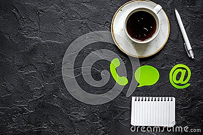 Company feed back concept with coffee and keyboard dark background top view mockup Stock Photo