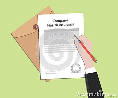 Company health insurance illustration with a man signing stamped letter using red pen on top of folder document Vector Illustration