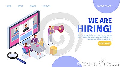 Company hiring employee, isometric landing banner, vector illustration. Business people man woman character look at Vector Illustration