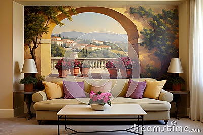 Company living room of Provencal Style Bold Wall Murals. AI Generated Stock Photo