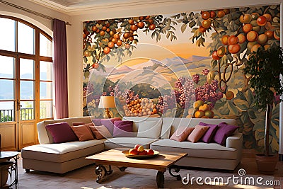 Company living room of Provencal Style Bold Wall Murals. AI Generated Stock Photo