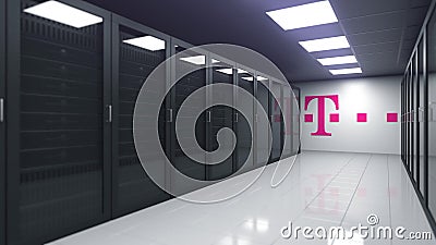 Logo of DEUTSCHE TELEKOM AG on the wall of a server room, editorial 3D rendering Editorial Stock Photo