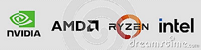 Company logos: Nvidia, Intel, AMD Ryzen. Logos of manufacturers of processors and graphics cards on an transparent background. Vector Illustration