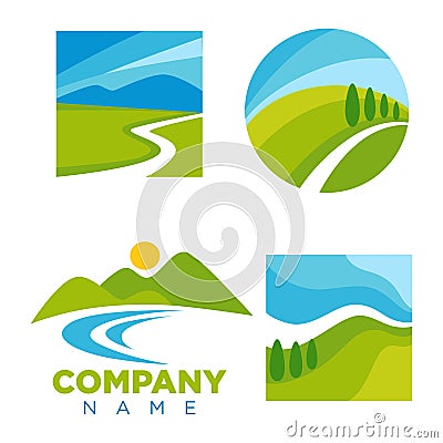 Company logotype with cartoon landscape illustrations set Vector Illustration