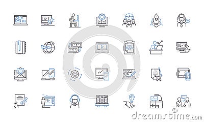 Company modus line icons collection. Innovation, Efficiency, Sustainability, Flexibility, Creativity, Quality, Diversity Vector Illustration