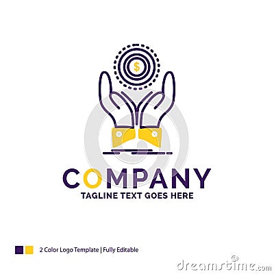 Company Name Logo Design For coin, hand, stack, dollar, income Vector Illustration