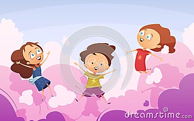 Company Of Playful Kids Jumping Against Rose Clouds Vector Illustration