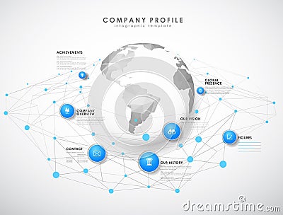 Company profile overview template with blue circles, dots Vector Illustration