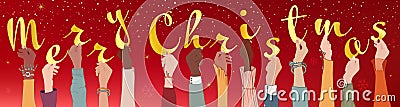 Raised arms of colleagues and co-workers diverse and multi-ethnic people holding letters forming the text -Merry Christmas- Banner Stock Photo