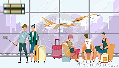 Company of Teenagers Traveling Waiting Boarding Vector Illustration