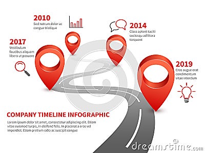 Company timeline. History and future milestone of business report on infographic road with red pins and pointer Vector Illustration