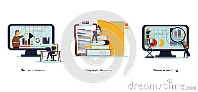 Company workers training icons set. Webinar, presentation. Data analytics course. Online conference Vector Illustration