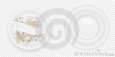 Compare dishes dirty dishes with dishes clean.Realistic dishes on transpatent background Vector Illustration