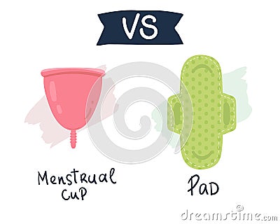 compare feminine hygiene products. pads vs menstrual cup. Menstrual protection, vector illustration. flat hand drawing Vector Illustration