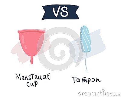 compare feminine hygiene products. Tampon vs menstrual cup. Menstrual protection, vector illustration. flat hand drawing Vector Illustration