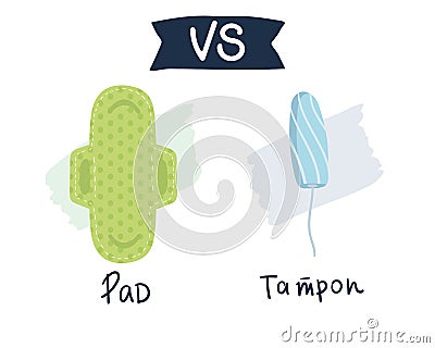 compare feminine hygiene products. Tampon vs pads. Menstrual protection, vector illustration. flat hand drawing Vector Illustration