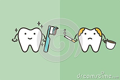 Compare of healthy white tooth with brushing teeth and unhealthy yellow tooth with plaque from coffee and cigarette - dental carto Vector Illustration
