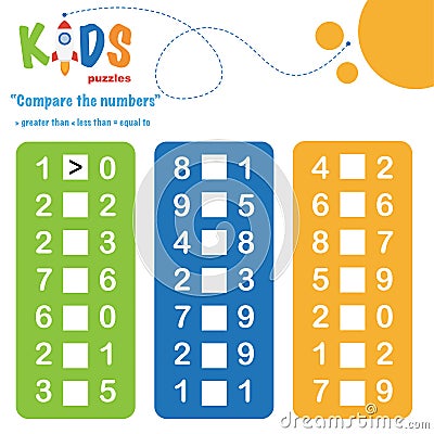 Compare the numbers worksheet practice. Easy colorful worksheet Vector Illustration