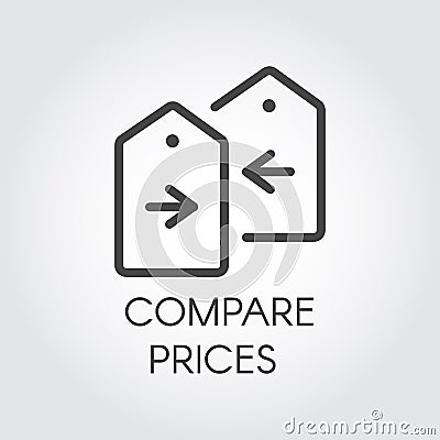 Compare prices icon drawing in line design. Financial comparison outline pictogram. Price-tag with arrow label Vector Illustration