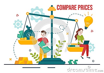 Compare Prices Vector Illustration of Inflation in Economy, Scales with Price and Value Goods in Flat Cartoon Hand Drawn Vector Illustration