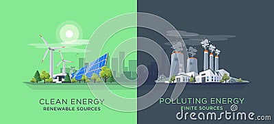 Comparing Clean and Polluting Energy Power Stations Vector Illustration