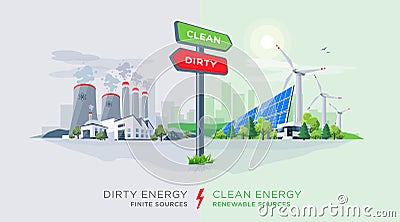 Comparing Clean Renewable and Dirty Polluting Energy Plants with Vector Illustration