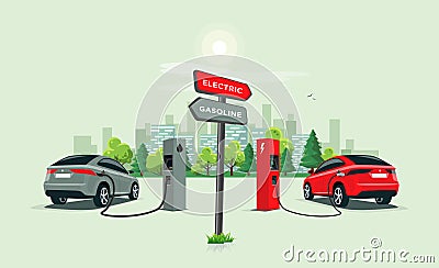 Comparing Electric Car Versus Gasoline Car with Directional Sign Vector Illustration